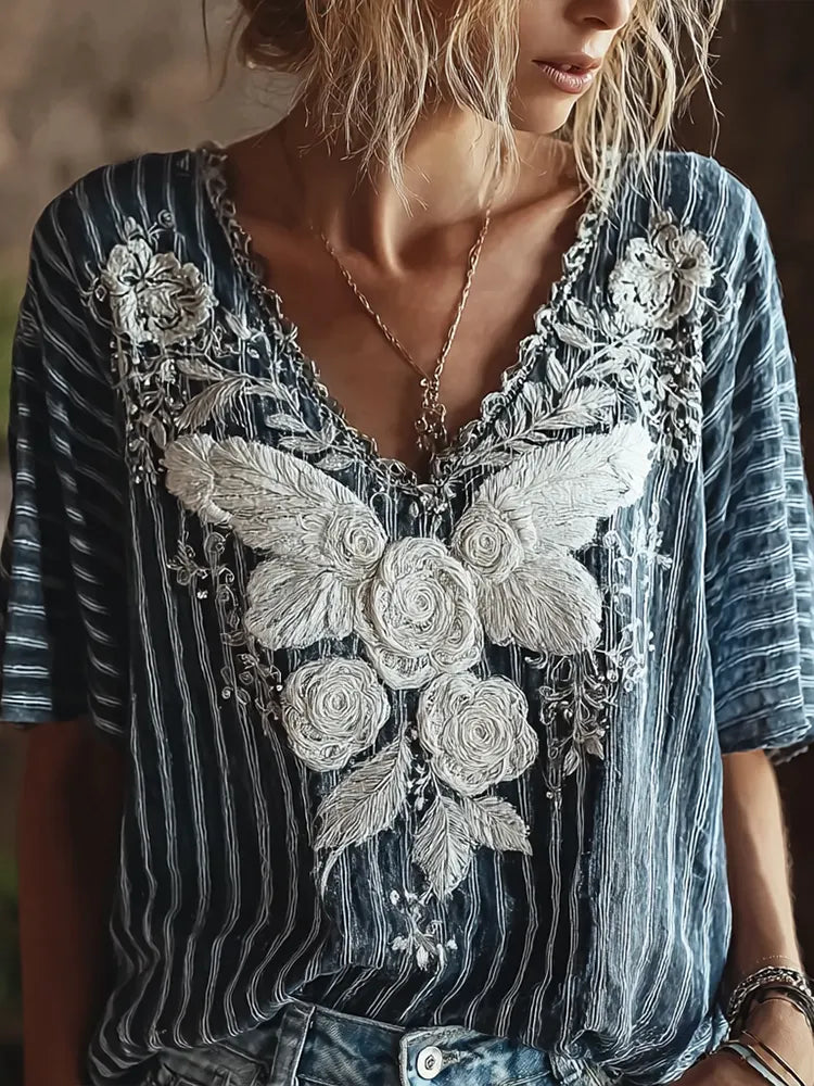 Butterfly Flower Embroidery Patchwork Striped Design Women's Summer Linen T-shirt