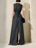 Dark Grey Zip-Front Top & Overlay Maxi Skirt Set