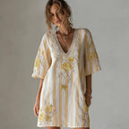 Butterfly Flower Embroidery Patchwork Striped Design Women's Summer Linen Dress