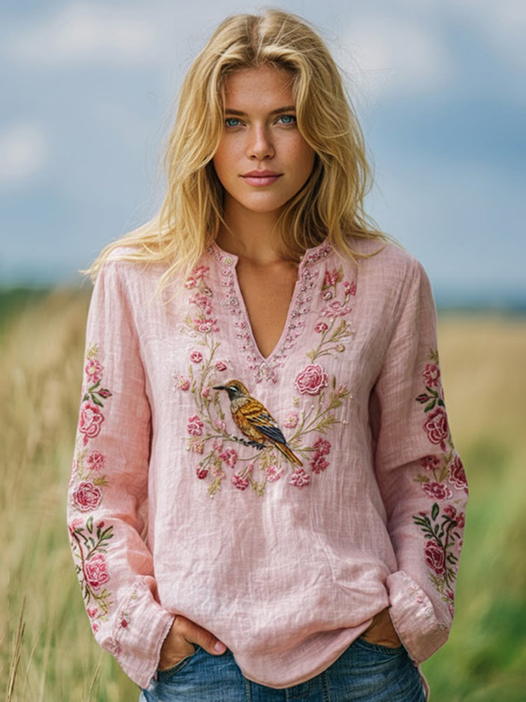 Women's Retro Pink Floral And Birds Pattern Linen V-neck Shirt