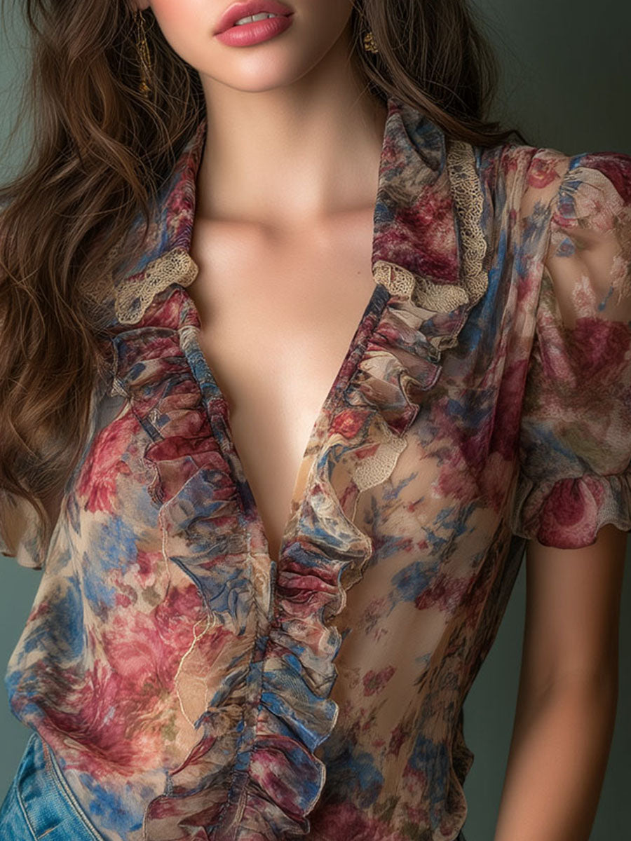 Vintage Sheer Floral Ruffle Puff Sleeve Blouse