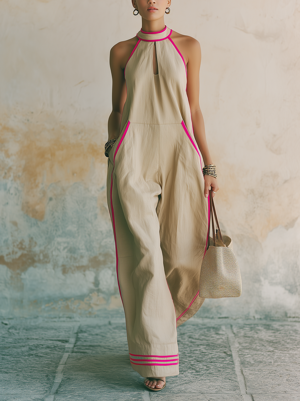 Neon Pink Trim Halter Neck Linen Jumpsuit | Relaxed Fit Wide Leg Vacation Overall