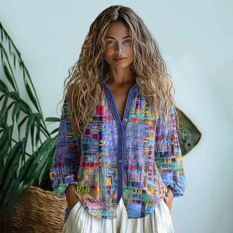 Bohemian Style Linen Purple Patchwork Ethnic Art Print Long Sleeve Shirt