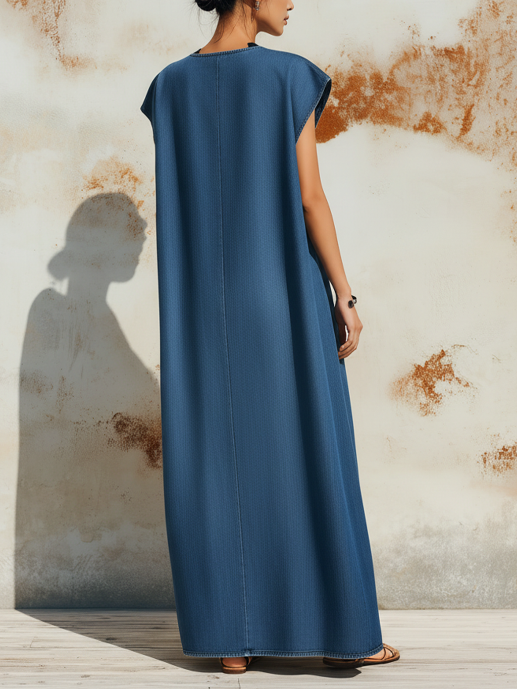 Lightweight Denim V-Neck Maxi Dress With Front Tie Detail