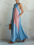 Light Blue & Pink Colorblock Tencel Denim Halter Maxi Dress