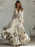 Classy White Roses Print V Neck Flowy Maxi Dress