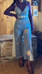 Denim Celestial Moon Star Print Spaghetti Strap Jumpsuit