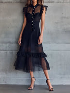 Elegant Sheer Black Chiffon Ruffle-Trim Midi Dress