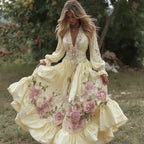 Women's Vintage Roses Embroidery Art V-neck Long Sleeves Maxi Dress