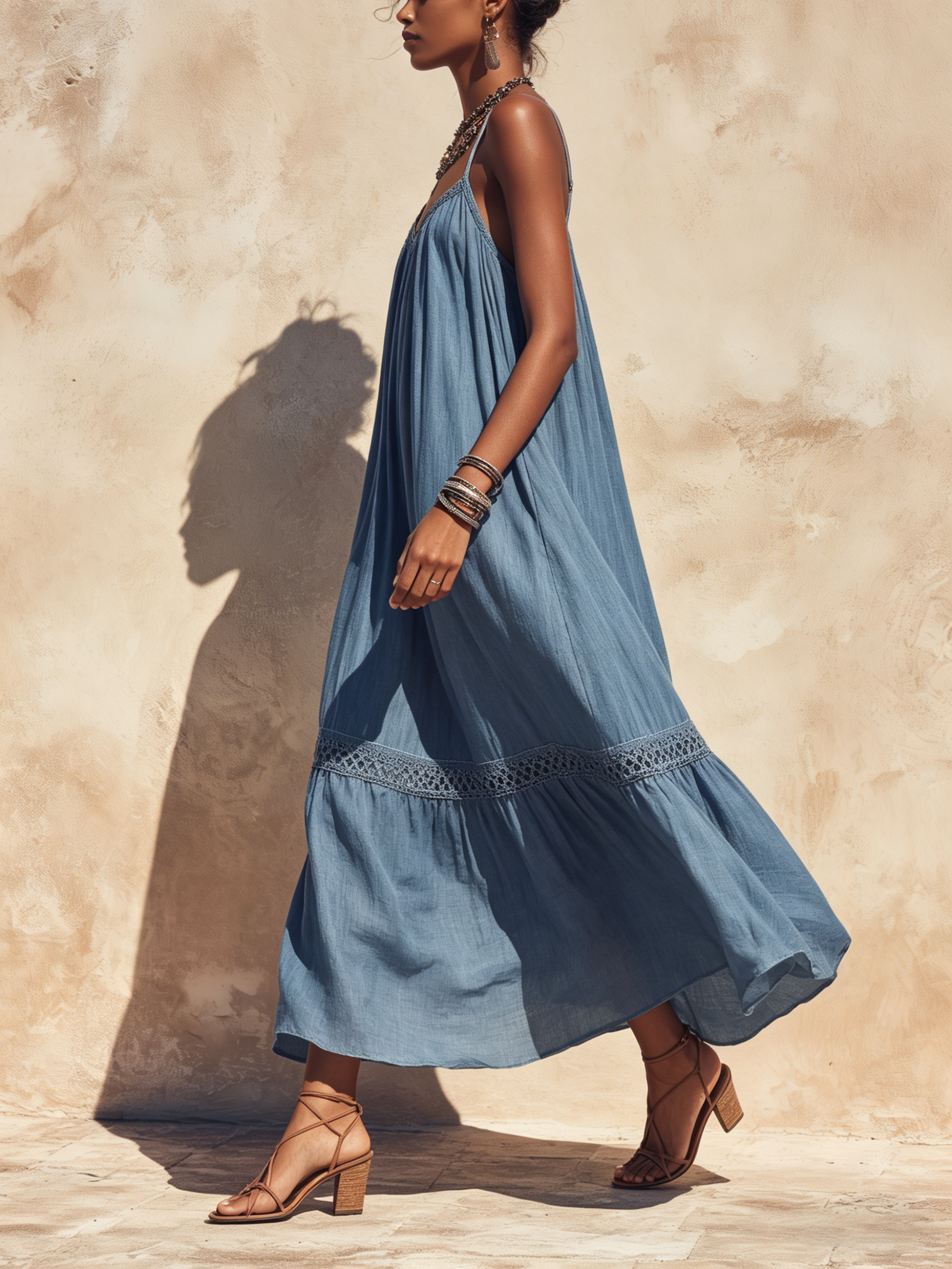 Halter Neck Flowy Maxi Dress With Crochet Trim & Pockets