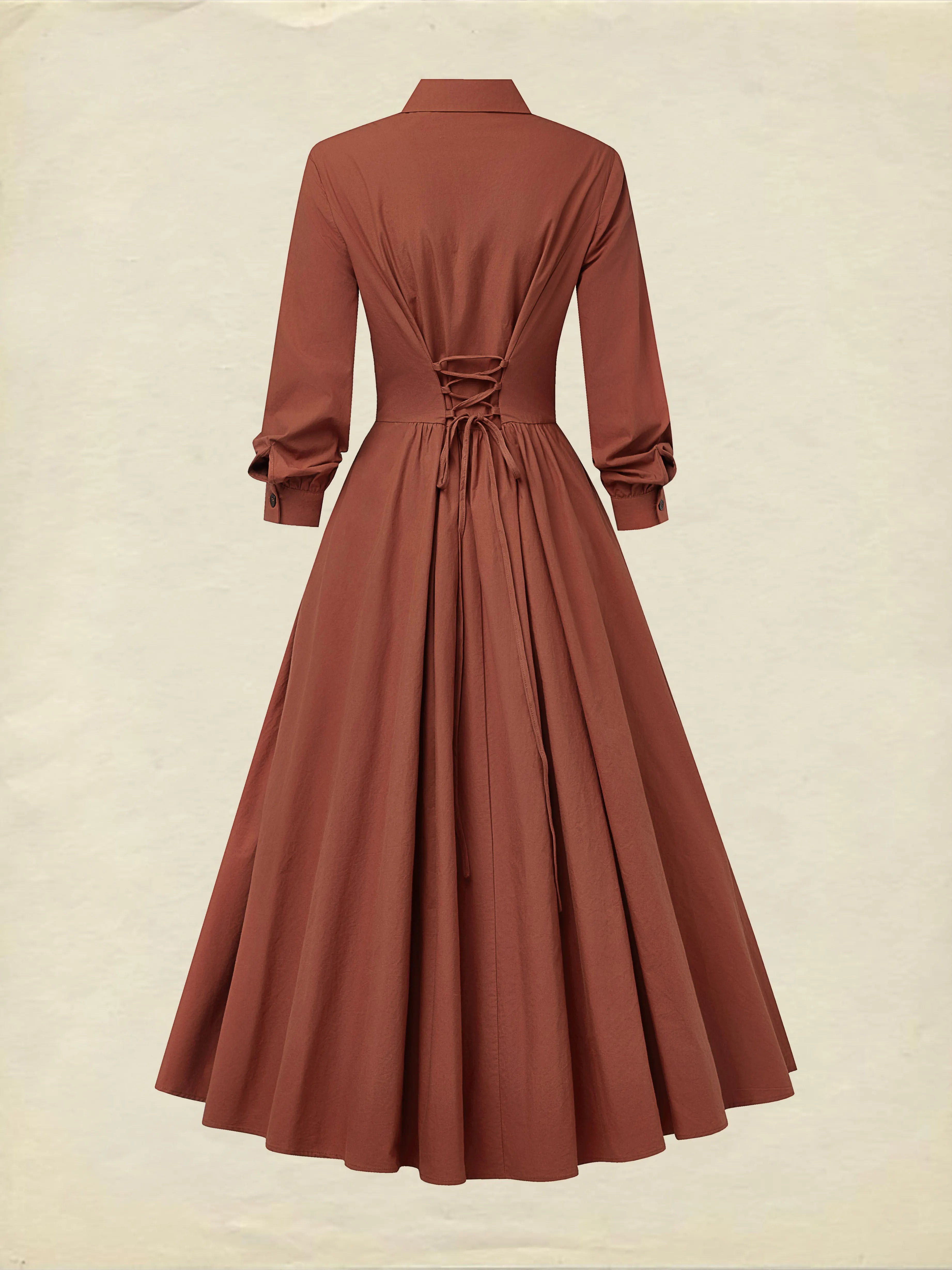 Maxi Cotton Dress, Long Sleeves, Shawl Collar, Plain, Button Design, Vintage, Brick Red