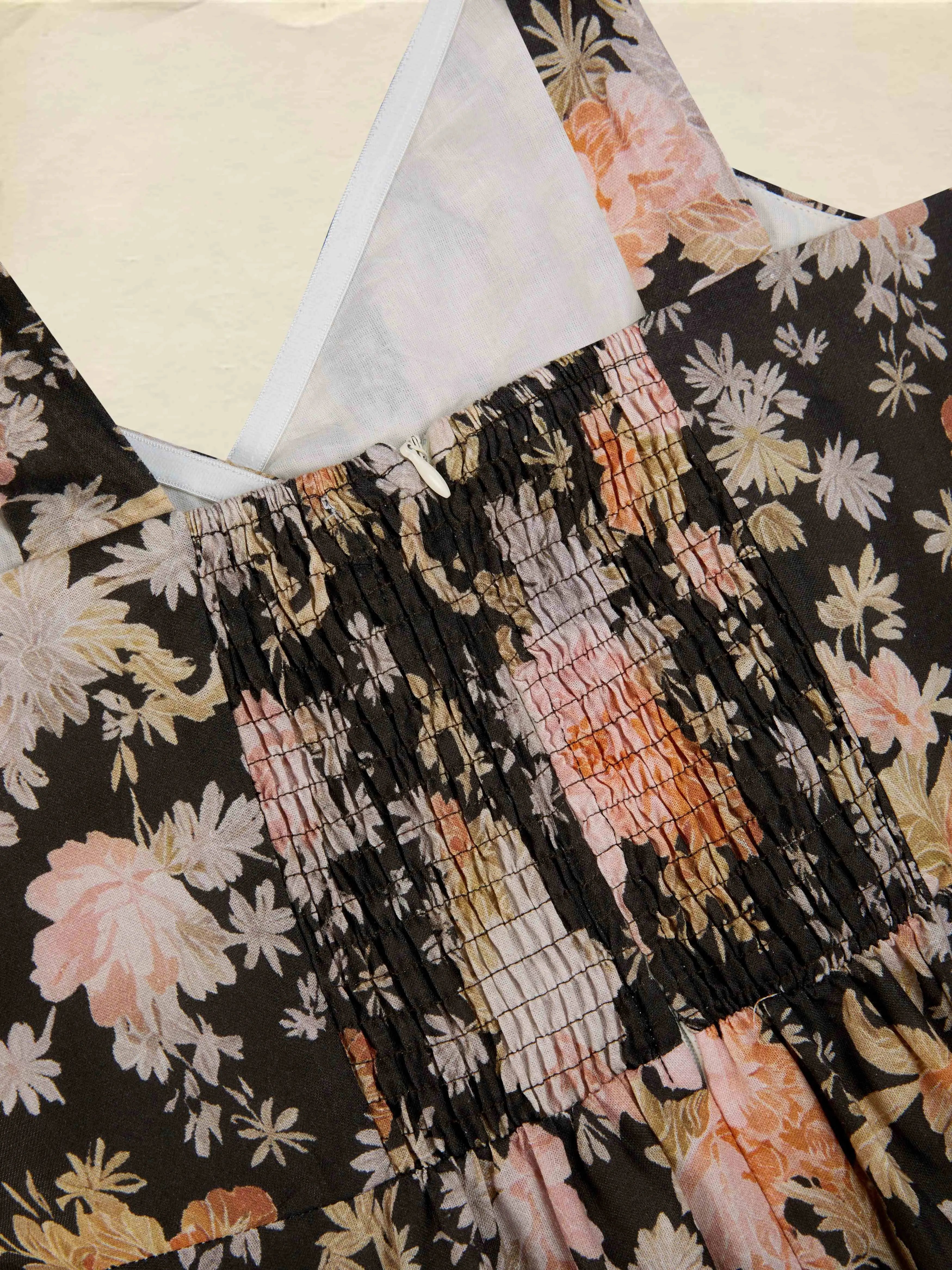 Midi Cotton Dress, Sleeveless, Sweetheart Neck, Floral, Suspenders, Vacation, Vintage, Apricot