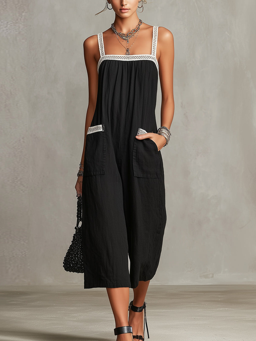 Black Crochet-Trim Wide-Leg Jumpsuit