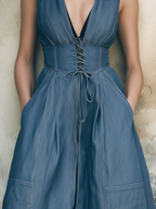 Tencel Denim Sleeveless Corset Waist Midi Dress