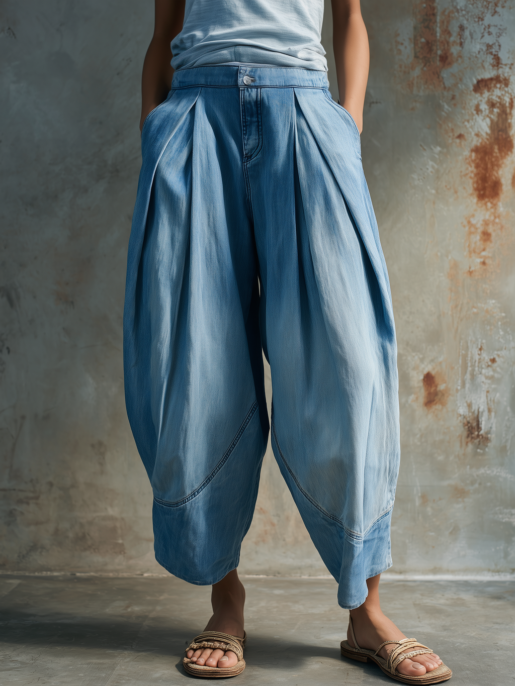 Light Blue Washed Denim Barrel Leg Cropped Jeans