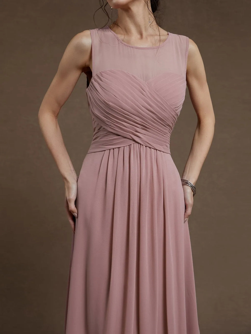 Pink Ruched Chiffon Crew Neck Sleeveless A-Line Maxi Bridesmaid Dress