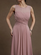 Pink Ruched Chiffon Crew Neck Sleeveless A-Line Maxi Bridesmaid Dress