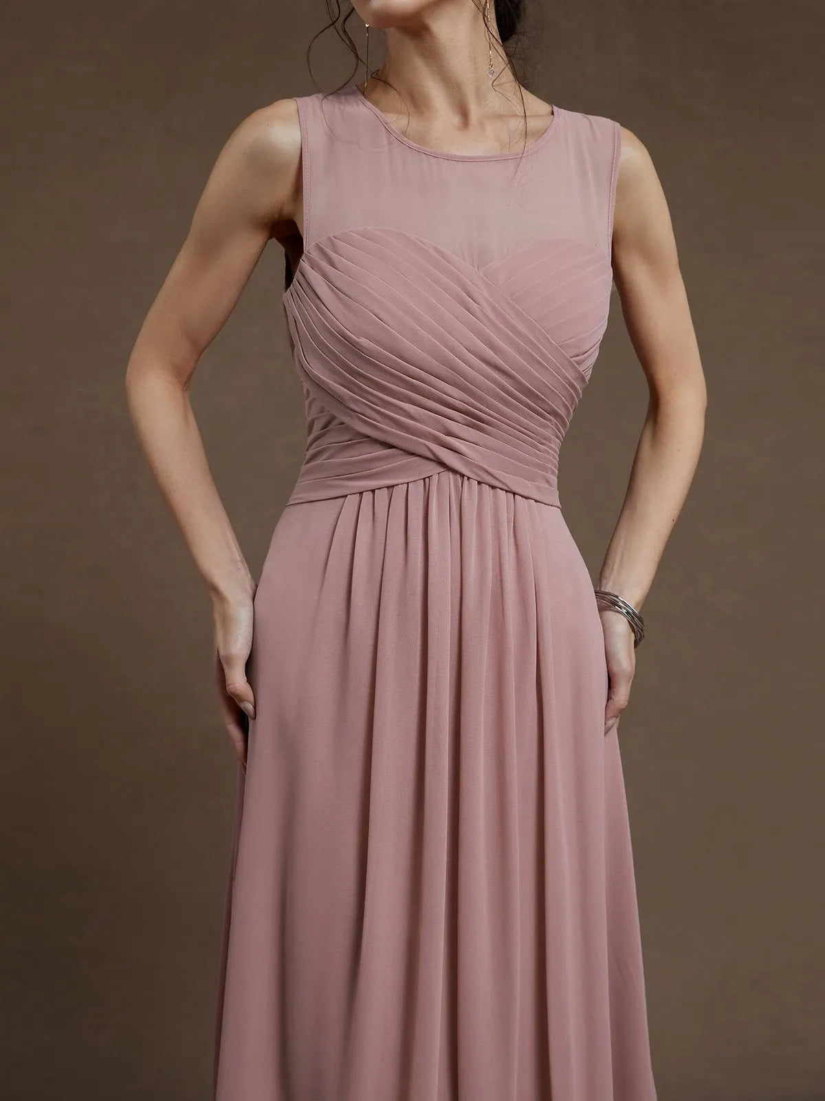 Pink Ruched Chiffon Crew Neck Sleeveless A-Line Maxi Bridesmaid Dress