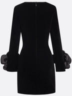 Black 3D Floral Rhinestone Velvet Crew Neck Long Sleeve Sheath Mini Dress