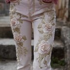 Classy Pink Roses Glitter Embroidered Skinny Jeans