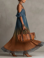 Blue Gradient Chiffon Maxi Dress With Lace Trim
