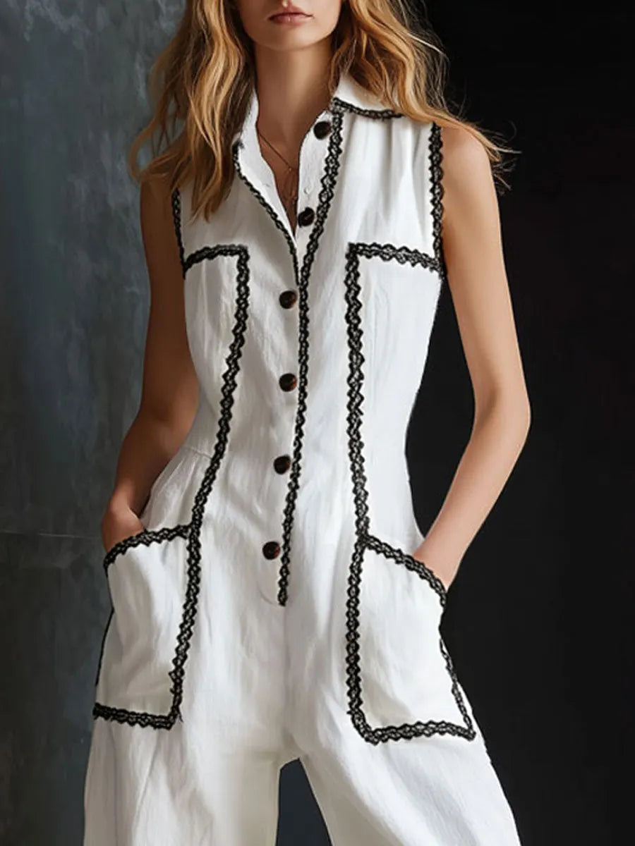 Casual Retro Lace-trimmed White Cotton And Linen Sleeveless Wide-leg Jumpsuit