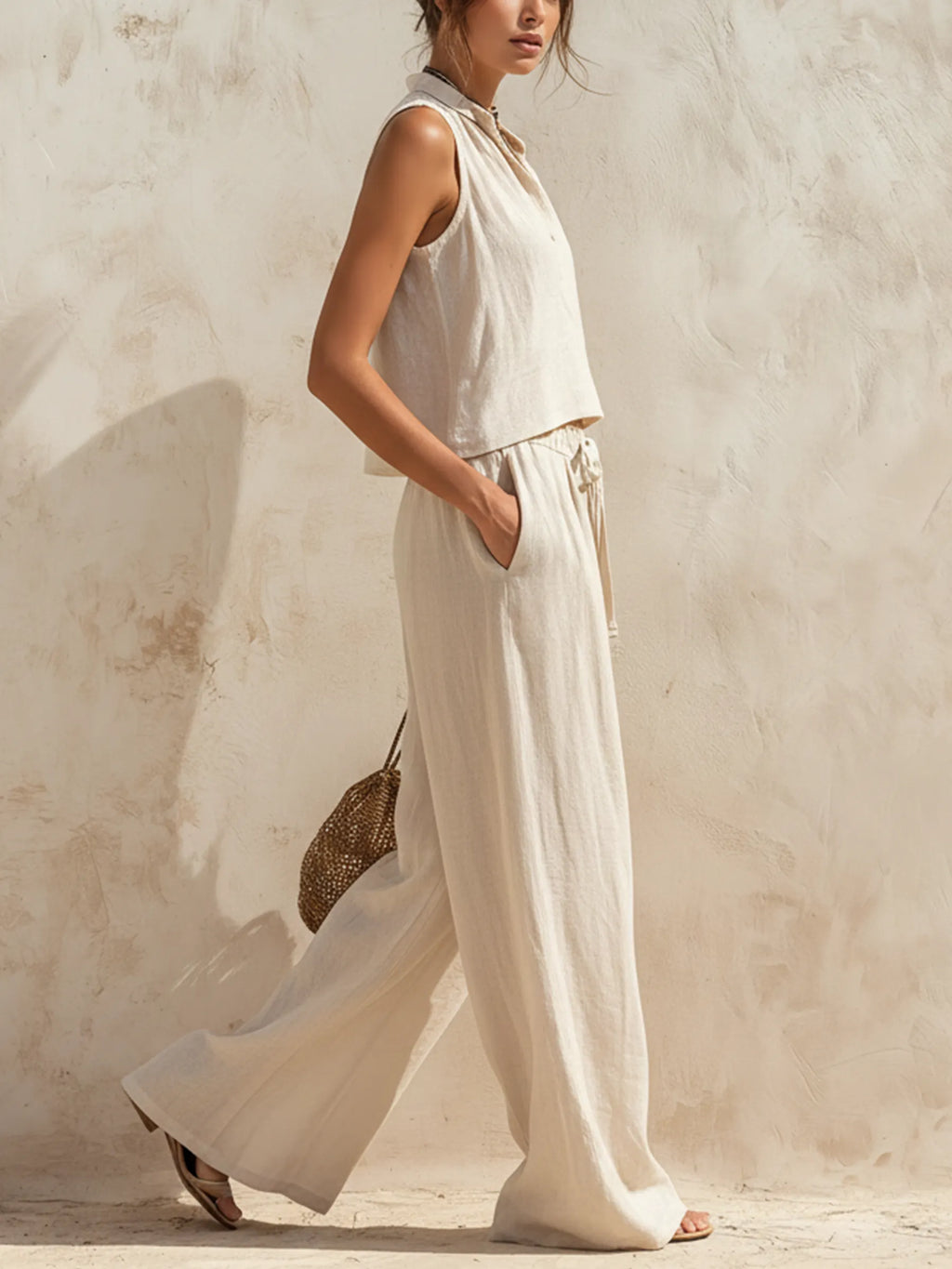 Beige Linen-Blend Sleeveless Top & Drawstring Wide-Leg Pants Two-Piece Set
