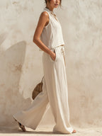 Beige Linen-Blend Sleeveless Top & Drawstring Wide-Leg Pants Two-Piece Set