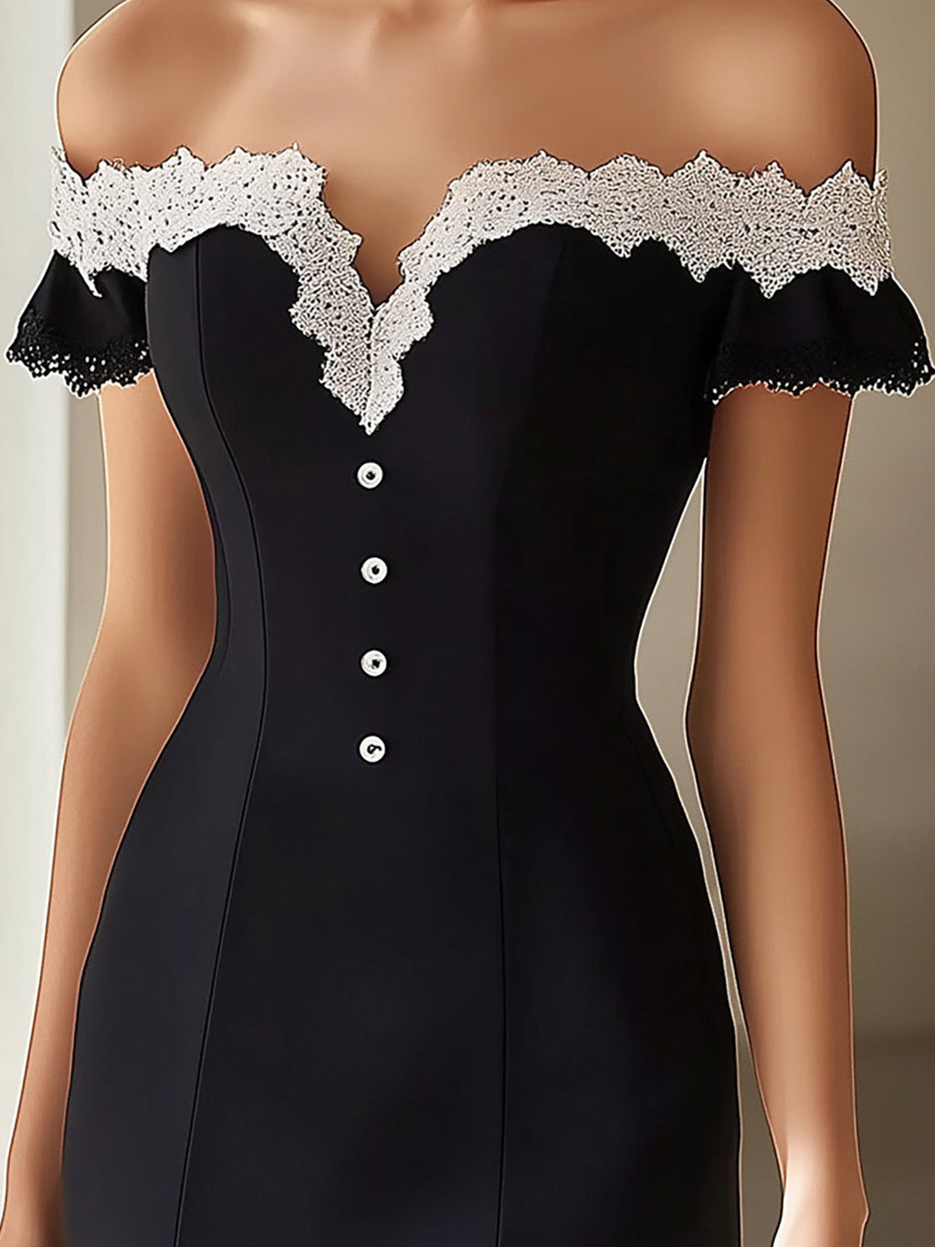 Sophisticated Black and Navy Off-Shoulder Dress with Lace Detail