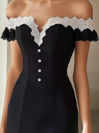 Sophisticated Black and Navy Off-Shoulder Dress with Lace Detail