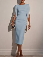 Light Blue Faux Pearl Classic Crew Neck Half Sleeve Sheath Midi Dress