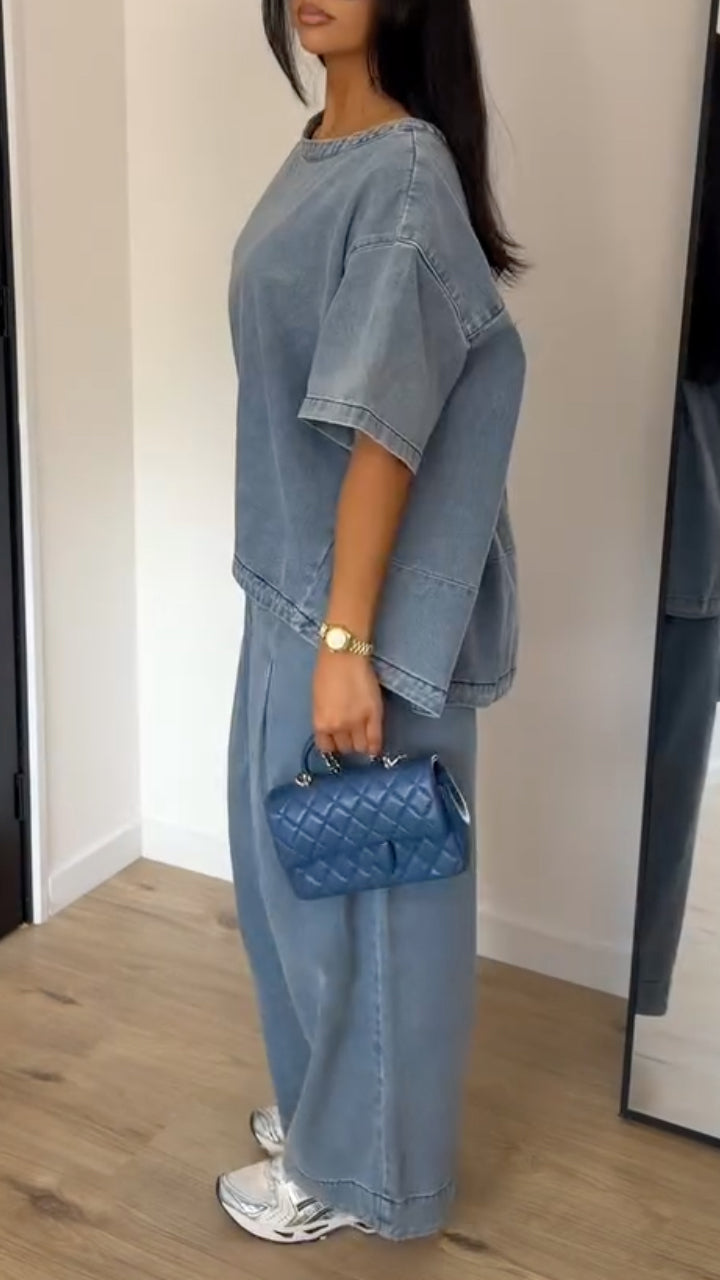 Women's Washed Blue Loose Wide-Leg Denim Trousers – Two-Piece Set