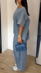 Women's Washed Blue Loose Wide-Leg Denim Trousers – Two-Piece Set