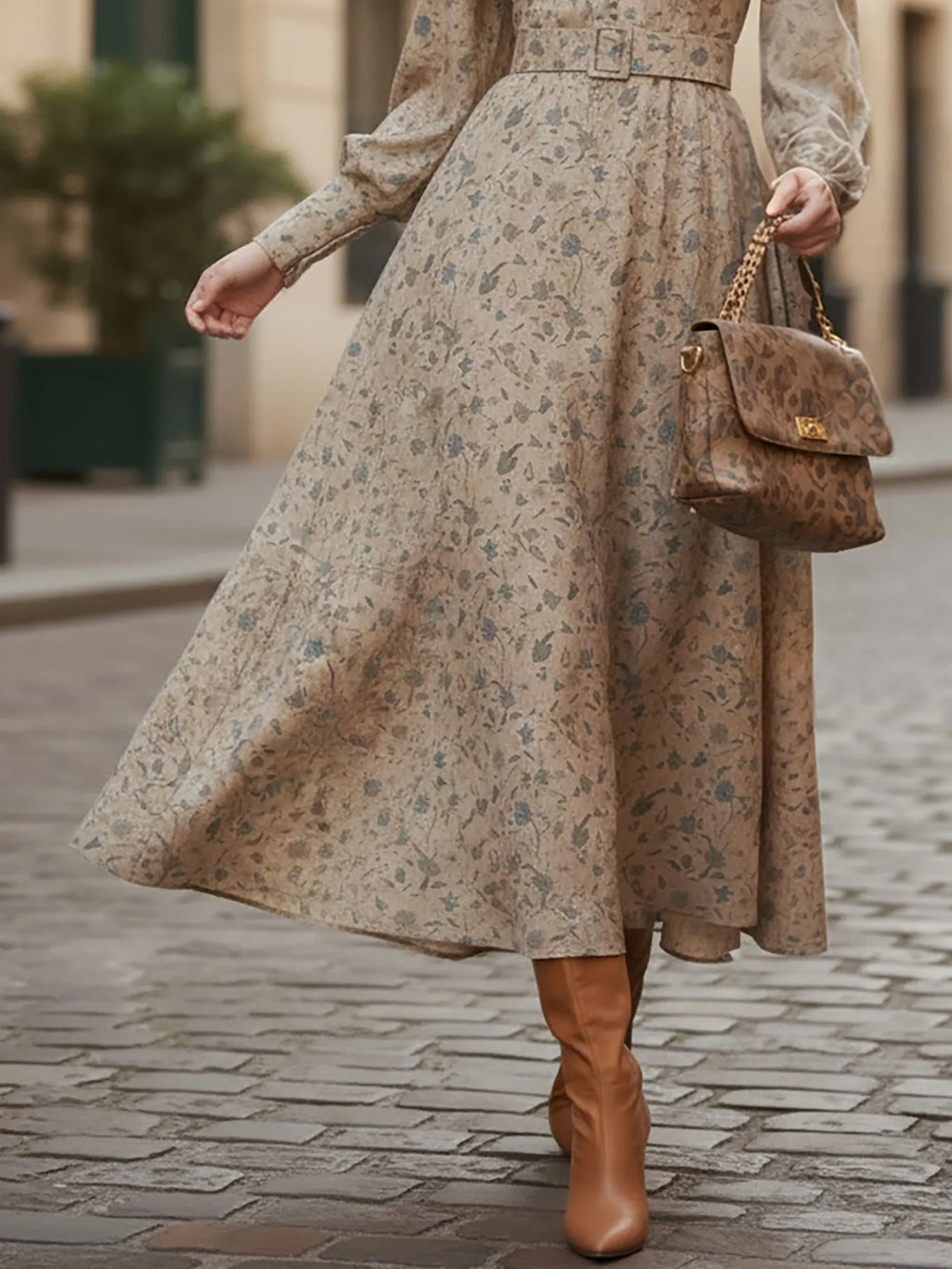 Midi Linen Dress, Long Sleeves, V Neck, Floral, Belt Design, Vintage, Khaki