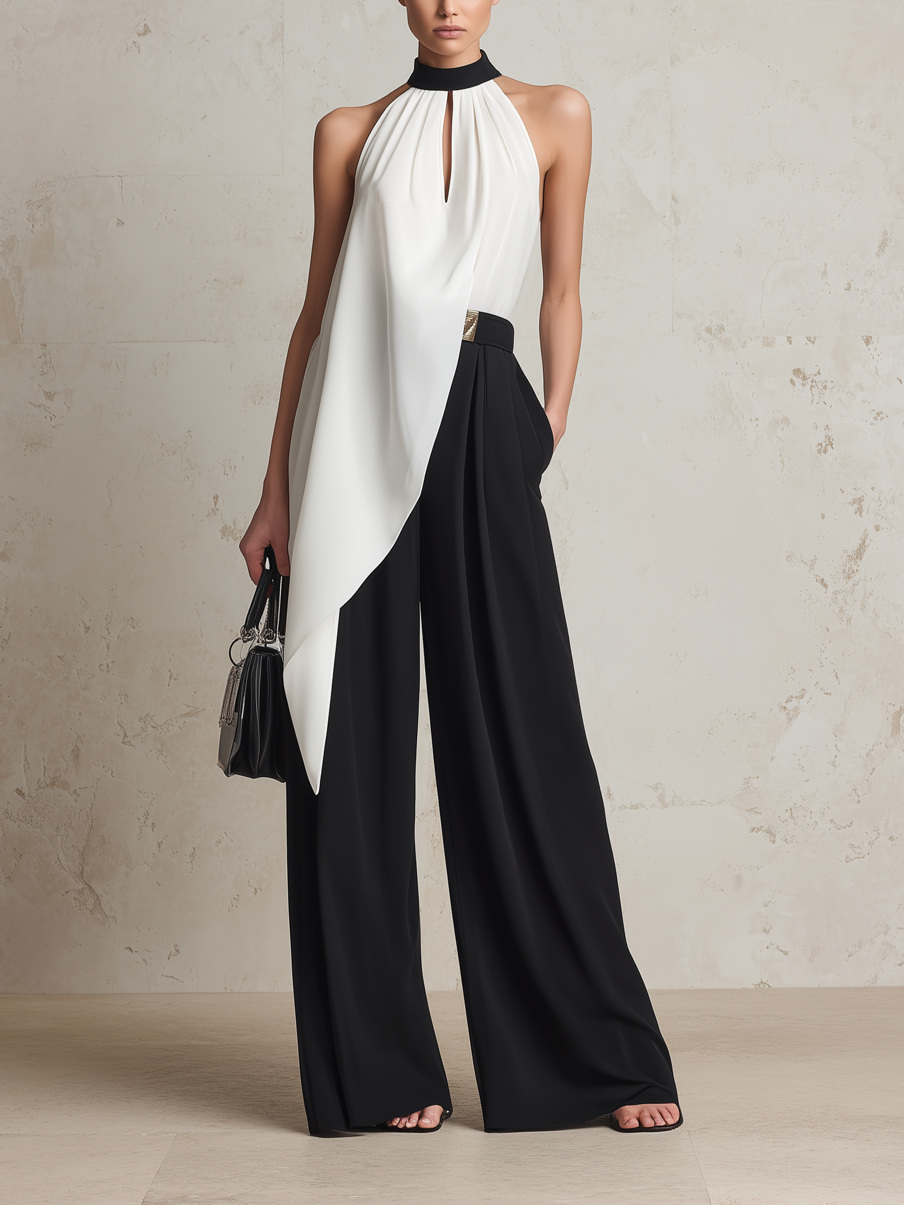 Black & White Halter Top & Wide-Leg Pants Set - Elegant Two-Piece Outfit