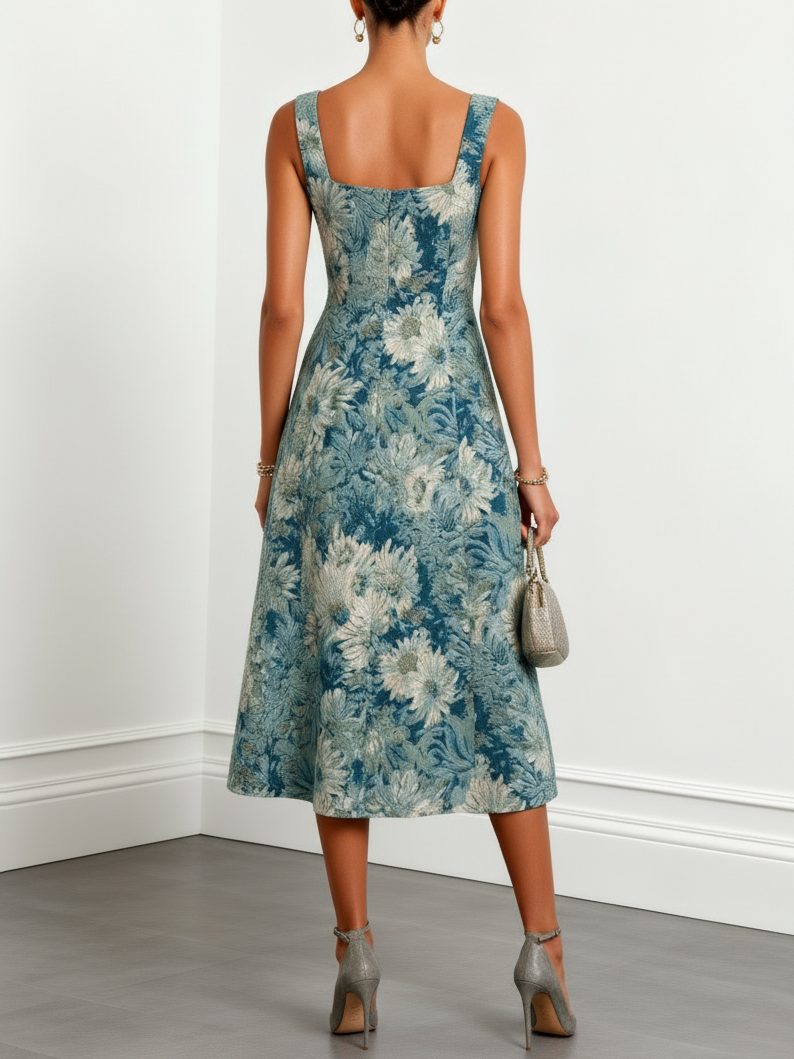 Blue Jacquard Classic Square Neck Sleeveless A-Line Midi Dress