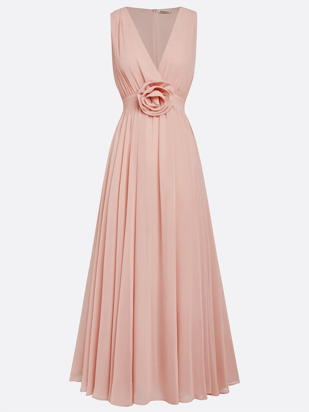 Pink 3D Floral Pleated Chiffon V Neck Sleeveless A-Line Maxi Dress