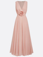 Pink 3D Floral Pleated Chiffon V Neck Sleeveless A-Line Maxi Dress
