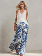 Casual Retro White Chiffon Top And Blue Floral Chiffon Wide-leg Pants Set