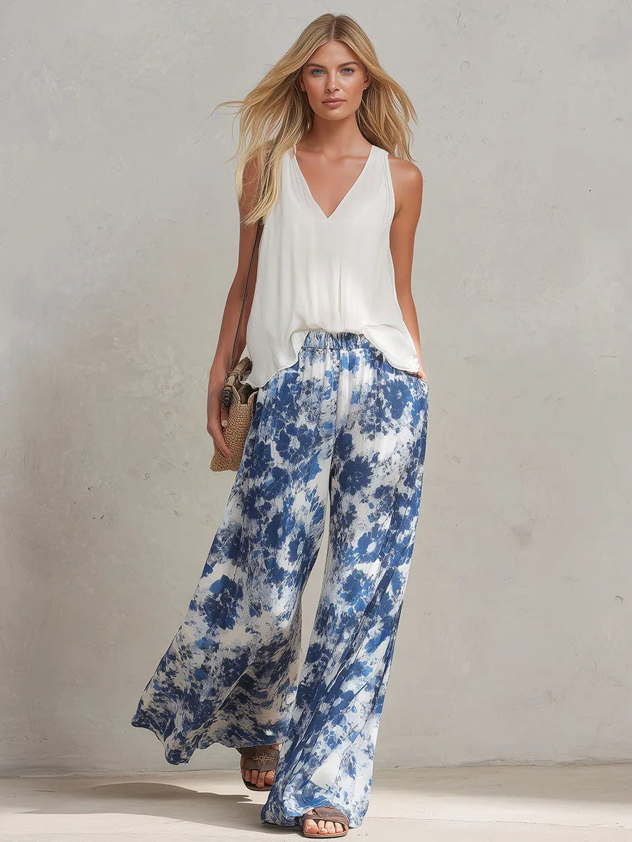 Casual Retro White Chiffon Top And Blue Floral Chiffon Wide-leg Pants Set