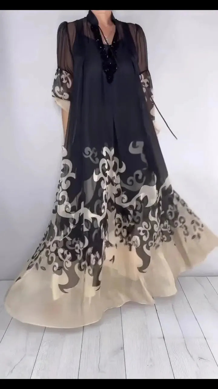 Printed Sheer Chiffon Two Piece Maxi Dress