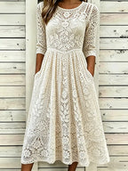 Classy Floral Lace Embroidery Art Cozy Linen Maxi Dress