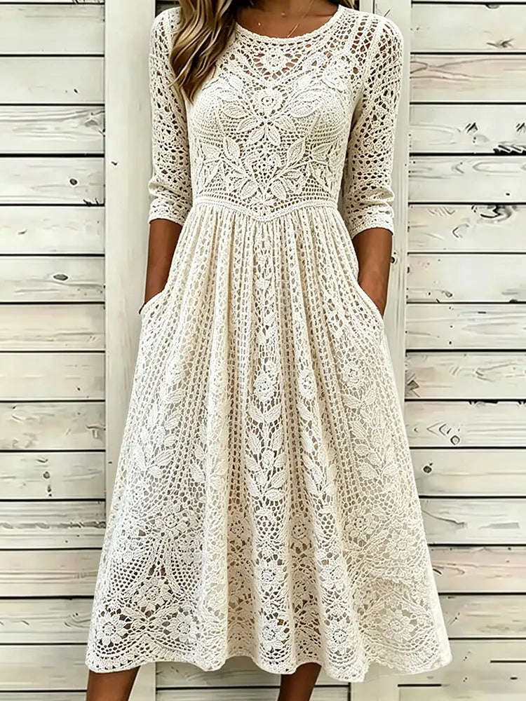 Classy Floral Lace Embroidery Art Cozy Linen Maxi Dress