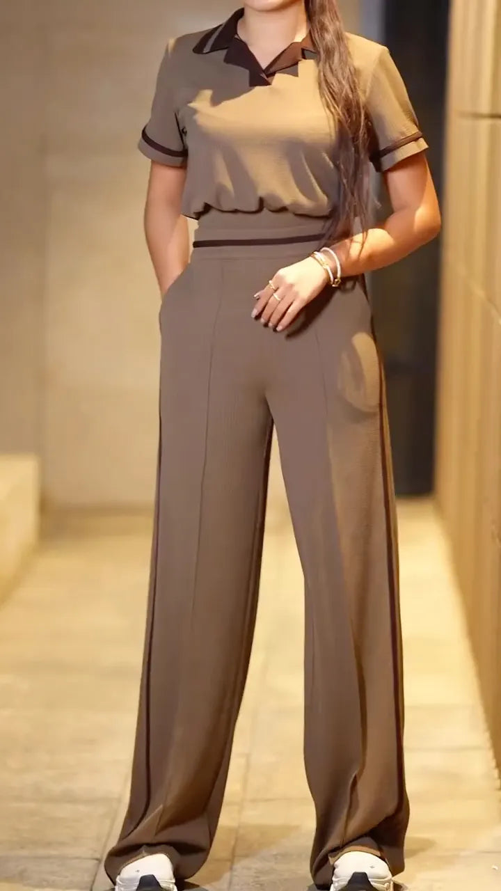 Contrast Collar Ribbed Polo Wide Leg Pant Set