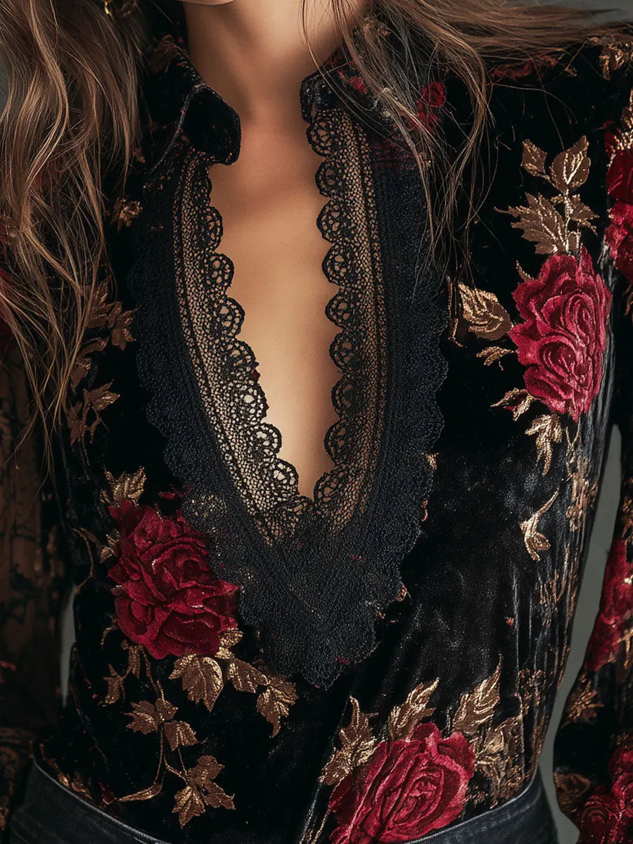 Retro Lace Stitching Velvet Rose Print Lantern Sleeves Blouse