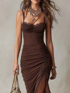 Bohemian Lace Trim Ruched Midi Dress