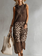 Elegant Brown Leopard Print Mesh Breathable Knit Sleeveless Maxi Dress