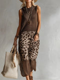 Elegant Brown Leopard Print Mesh Breathable Knit Sleeveless Maxi Dress