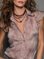 Elegant Satin Short-sleeved Blouse With Lace Trim