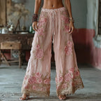 Boho Pink Roses Embroidered Flowy Comfy Linen Pants